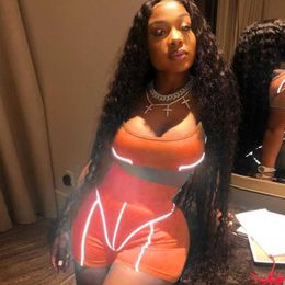 2020 Women Two Piece Short Set Women Neon Clothing Sports Biker Reflective Two Piece Set Short Set X0629