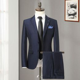 Fashion Men Business Suit Two Buttons 2 Pieces Classic Male Suits Blazers Navy With Pants Tuxedos Groom Wedding Men's &