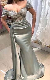 Aso Ebi 2021 Arabic Plus Size Grey Mermaid Sexy Evening Dresses Lace Beaded Satin Prom Formal Party Second Reception Gowns Zj507