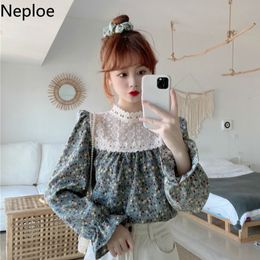 Neploe Lace Patchwork Floral Women Shirts Stand Neck Puff Sleeve Blouses Ropa Mujer Temperament Tops Sweet Korean Blouse Female 210422