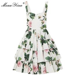 Fashion Cotton dress Summer Women's Dress Spaghetti strap Backless Floral Print White Cascading Ruffle Dresses 210524