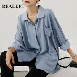 Autumn One Pocket White Women's Blouse Solid Lapel Single-breasted Elegant Casual Oversize Shirts Tops Female 210428