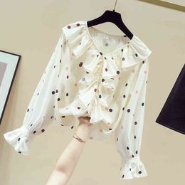 Autumn Women's Ruffles V Neck Long Sleeves Dot Chiffon Shirt Ladies All-match Shirts Blouse Tops A3693 210428