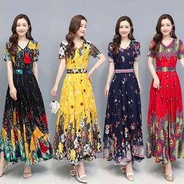 Summer women V Collar Short Sleeve Flower Printed Chiffon maxi Dress 210531