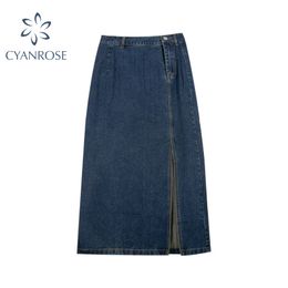 Womens Midi Denim Skirt Autumn Street Wear Korean Leisure High Waist A Line Pencil Row Hem Split Front Long Jeans Skirt 210417