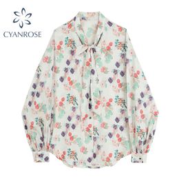 Cardigan Blouses And Shirts For Women Stylish Long Sleeve Office Ladies Floral Print Bownot Collar Tops Loose Elegant Rok Blusas 210417