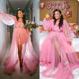 Fashion Pink Pregnant Women Photoshoot Dress Sleepwear Sexy Photograph V Neck Robes Tiered Ruffles Bridal Bathrobe Wedding Nightdress