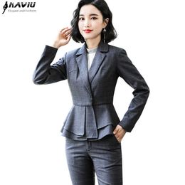 Professional Women Pants Suit Fashion Temperament Business Ruffles Hem Long Sleeve Blazer and Trousers Office Ladies Work Wear 210604