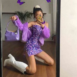 sexy velvet slit bodycon party mini dress women summer leopard print purple side slit club dress strap sundress 210415