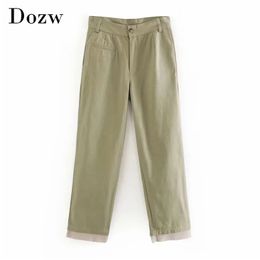 Patchwork Loose Straight Pants Women Army Green Colour Casual Long Lady Pocket Fashion Office Trousers Ropa Mujer 210515
