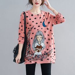 Women Loose Casual T-shirt New Autumn Simple Style O-neck Cartoon Print Comfortable Female Long Sleeve Tops Tees S2782 210412