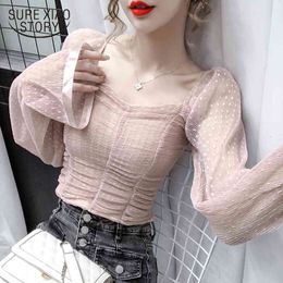 Arrivals Vintage Puff Sleeve Top Femme Square Collar Pleated Chiffon Blouse Casual Short Sexy White Shirts Women 12071 210415