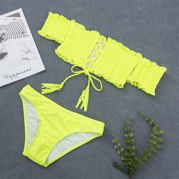 Sexy Lace Up Brazilian Bikini Swimwear Women Swimsuit Off Shoulder Bikinis Bandeau Biquini Bathing Suit Neon Yellow 210520