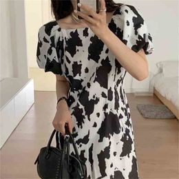 Retro Chic Milk Pattern Prom Party Animal Printed Vintage Loose-Fitting Mini Dress Femme All Match Vestidos 210525