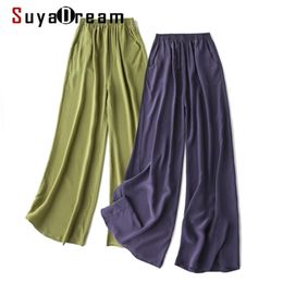 SuyaDream Women Wide Leg Pants 100%Real Silk Solid Elastic Waisted Long Office Lady Spring Summer Trousers Black 210915