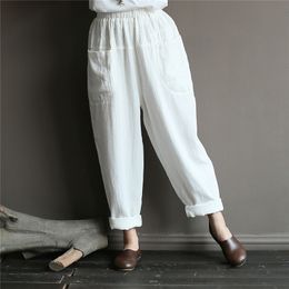 Johnature Women Cotton Linen Casual Pants Elastic Waist Spring Pockets Solid Color Vintage Trouser Women Cloths Soft Pants 210521