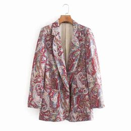 Summer Women Print Blazers Coats Suits Casual Long Sleeve Notched Collar Pockets Female Vintage Outerwear Clothing 210513