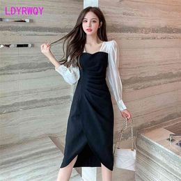 LDYRWQY summer French mesh splicing bubble sleeve slit skirt retro square collar temperament fashion dress 210416