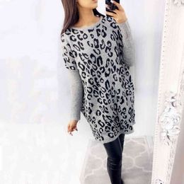 Leopard Print Autumn Dress Women Casual O Neck Loose Straight Mini Dress Ladies Patchwork Long Sleeve Pullover Dresses Vestidos 210507