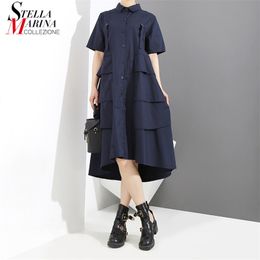 New Woman Summer Solid Blue Elegant Style Shirt Dress A-Line Cascading Ruffles Office Ladies Casual Midi Dress Robe Femme 3375 210331