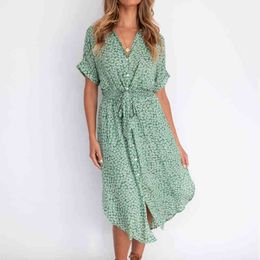 Summer Vintage beach midi dress womens floral Print dress for womens sweet V-neck lace irregular dress female vestidos 210514