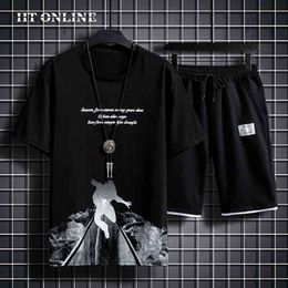 Summer Set Men Hip Hop Fashion 2 PCS Outfits Short Sleeve Sportsuits Men Casual Print T-shirt+Short Harajuku Male Tracksuit 210603