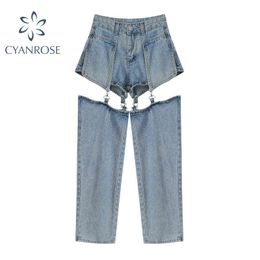 Streetwear Jeans Woman High Waist Vintage Fashion Patchwork Denim Pants Female Summer Harajuku Loose Wide Leg Trousers 211129
