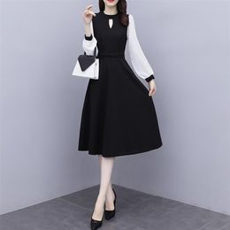 Spring Autumn Women's Fashion Round Neck High Waist Thin Long Sleeve Stitching Casual Dress Vestidos Mujer P411 210527