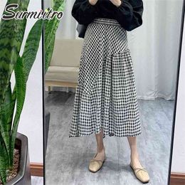 Spring Summer Cotton Long Skirts Women Korean Style Vintage Black Plaid Aesthetic High Waist Midi Skirt Female 210421