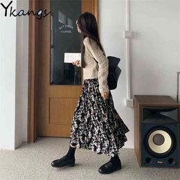 Women's korean fashion Folds Autumn And Winter Black Printed tie-dye High-waisted Slim and comfortable pleated skir 210421