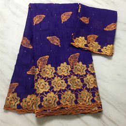 5Yards/pc Beautiful Flower Pattern Embroidery African Deep Blue Cotton Fabric Match 2Yards Net Lace For Blouse Set PL13040