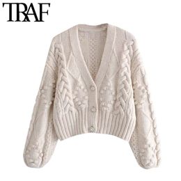 TRAF Women Fashion Pompom Appliques Cropped Knitted Cardigan Sweater Vintage Long Sleeve Female Outerwear Chic Tops 210415