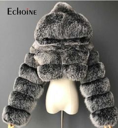 Echoine Women Winter Faux Fur crop Jacket Furry Cropped teddy Coats Jackets Fluffy Top Coat with Hooded manteau Plue size 5XL Y0829