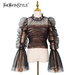 TWOTWINSTYLE Mesh Patchwork Dot T Shirt For Women Stand Collar Flare Sleeve Ruched Sexy T Shirts Female Fashion Clothing 210517