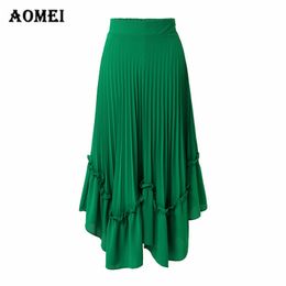 Summer Chiffon Pleated Skirt Irregular Length Ruffles with Zipper Boho Vacation Women Beach Plus Size Clothing Jupes Saias Femme 210416