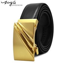 Men Business Style Gold Steel Buckle Belt Unique Leather Strap Sliding Ratchet Alloy Automatic Top Quality Belts