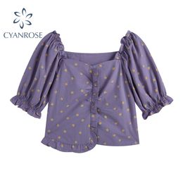 Womens Purple Crop Blouses Summer Slash Neck Sexy Puff Sleeve Ruffle Design Mori Girl Shirts Tops Retro Elegant Y2K Blusas 210417