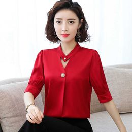 Fashion Women Spring Summer Style Chiffon Blouses Casual Half Sleeve Solid Plus Size Shirt Elegant Tops DF3633 210609
