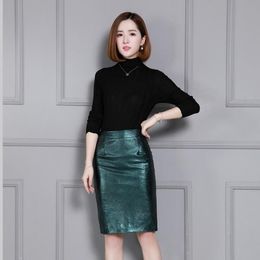 Skirts Green Genuine Office Lady Slim Straight Sheepskin Real Leather Women High Waist Solid Autumn Midi Long