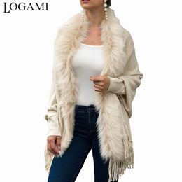 LOGAMI Fake Fur Collar Cardigan Poncho Tassel Solid Coat Women Casual Loose Shawl 211011