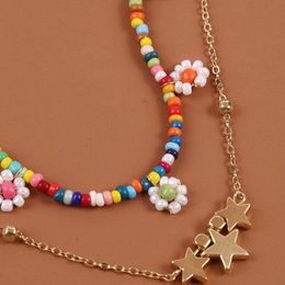 Pendant Necklaces Bohemian Handmade Beaded For Women Colourful Flower Double Lanyard Imitation Pearl Chain Choker Jewellery Gift