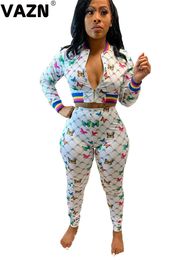 VAZN 2020 Top Quality Zippers V-neck Night Party Sexy Lady Outfits Tracksuits Women Cartoon Shinny Summer Holiday Sets X0428