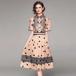 Summer fashion Elegant women High Waist Polka Dot Pleated Dress Turn Down Collar Single Breasted Casual Slim casual Dresse 210531