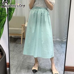 SURMIITRO Midi Long Skirt Women For Summer Fashion Cotton Korean Style High Waist Lace Up Mid-Length Skirt Female 210712