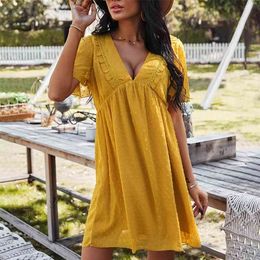 Ladies Short Women Summer Dress Casual High Waist Rufflse Sexy Lace Beach Dress Women Mini Dress Female Vestidos Mujer 210416