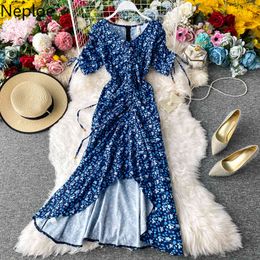 Neploe Floral Print Dress Women Fashion V Neck Puff Sleeve Ladies Vestidos Summer Elegant Slim Waist Pleated Female Dresses 210423