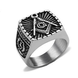 Free Masons Master Masonic Rings Stainless Steel Black Retro Antique Silver Compass Square Freemason Signet Ring Freemasonry Fraternal Association Men's Jewellery