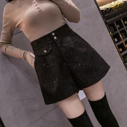 Women's Shorts High Waisted Tweed Woollen Women Fall Winter Wide Leg Outerwear Booty Plus Size Black Pantalones Cortos De Mujer