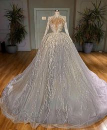 Sparkly Luxury Ball Gown Wedding Dresses Dubai Church High Neck Beads Crystal Lace Appliqued Bride Gowns Sweep Train Long Sleeve Princess Bridal Dress