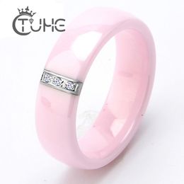 6MM Pink Ceramic Ring For Women Cubic Zircon Stainless Steel 2021 Jewelry Fashion Party Time Romantic Wedding